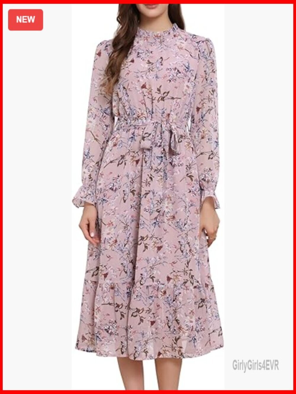 Long Sleeve Floral Midi Dress Mock Neck Puff Sleeve A-Line Flowy Chiffon